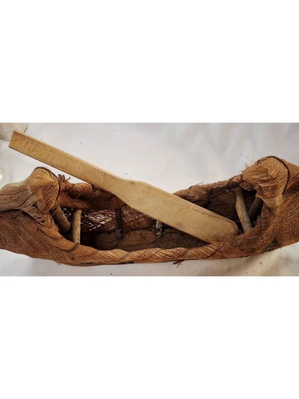 Rustic Handcrafted Canoe Planter Made From Coconut Husk & Wood With Bear Design